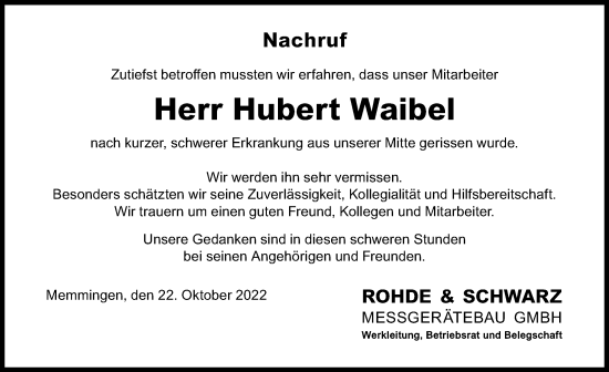 Traueranzeige von Hubert Waibel von Memminger Zeitung