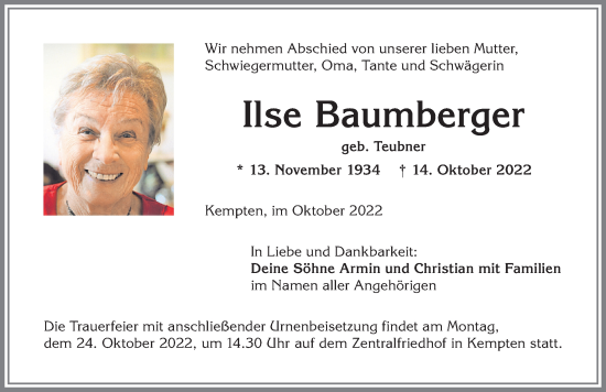 Traueranzeige von Ilse Baumberger von Allgäuer Zeitung,Kempten