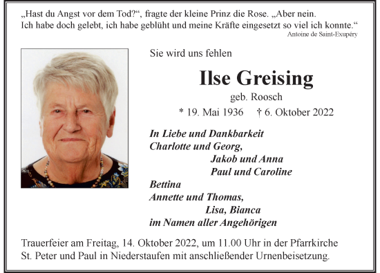 Traueranzeige von Ilse Greising von Der Westallgäuer