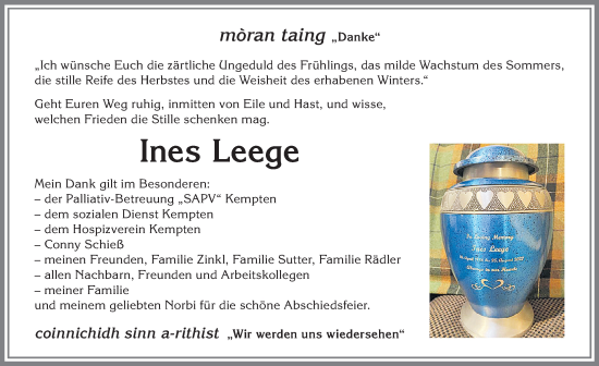Traueranzeige von Ines Leege von Allgäuer Zeitung,Kempten