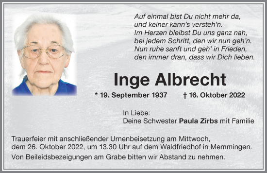 Traueranzeige von Inge Albrecht von Memminger Zeitung