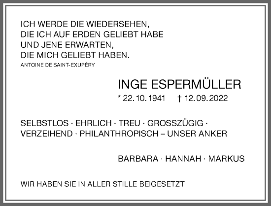 Traueranzeige von Inge Espermüller von Allgäuer Zeitung, Kaufbeuren/Buchloe