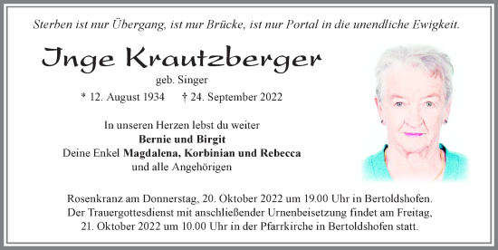 Traueranzeige von Inge Krautzberger von Allgäuer Zeitung, Marktoberdorf