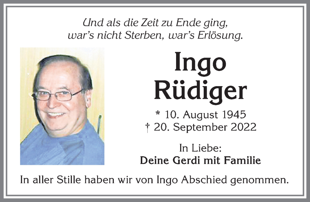  Traueranzeige für Ingo Rüdiger vom 15.10.2022 aus Allgäuer Zeitung, Kaufbeuren/Buchloe