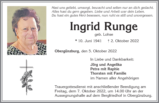 Traueranzeige von Ingrid Runge von Allgäuer Zeitung, Marktoberdorf