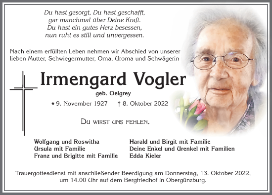 Traueranzeige von Irmengard Vogler von Allgäuer Zeitung, Marktoberdorf