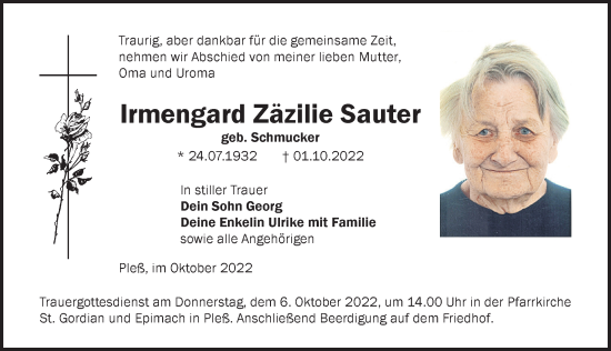 Traueranzeige von Irmengard Zäzilie Sauter von Memminger Zeitung