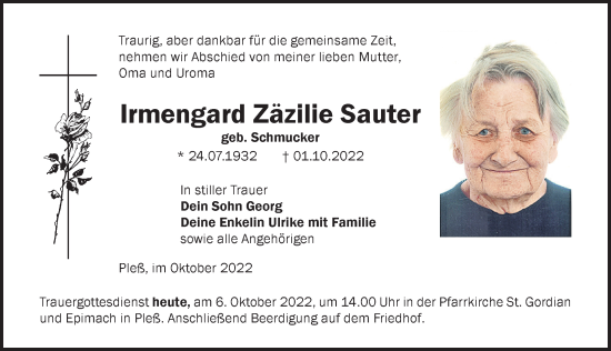 Traueranzeige von Irmengard Zäzilie Sauter von Memminger Zeitung
