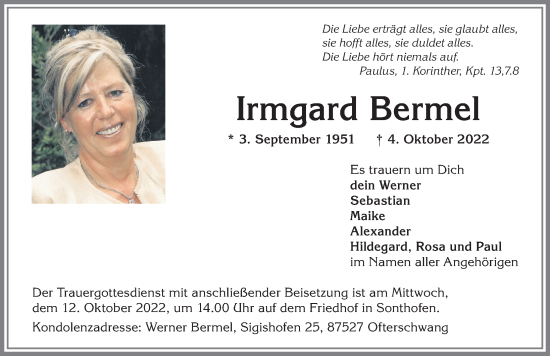 Traueranzeige von Irmgard Bermel von Allgäuer Anzeigeblatt