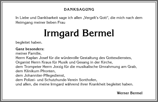 Traueranzeige von Irmgard Bermel von Allgäuer Anzeigeblatt