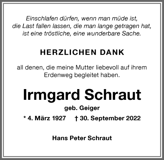 Traueranzeige von Irmgard Schraut von Memminger Zeitung