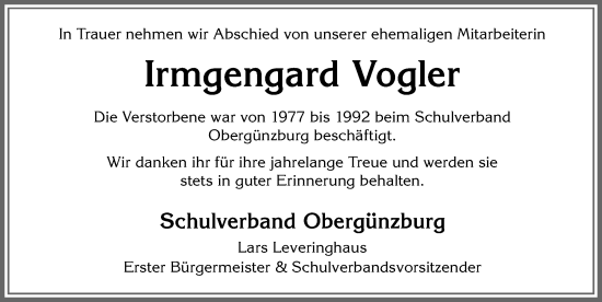 Traueranzeige von Irmgengard Vogler von Allgäuer Zeitung, Marktoberdorf