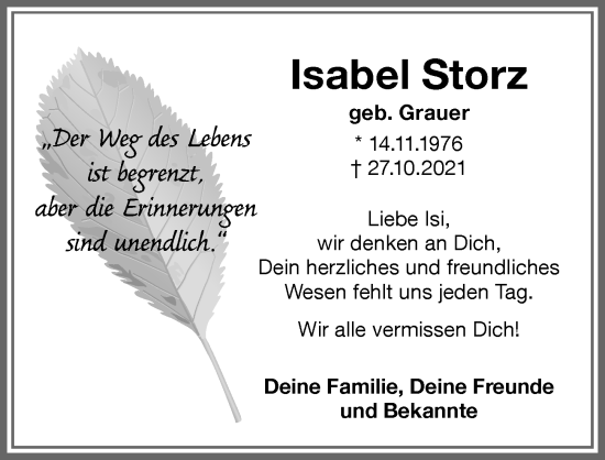 Traueranzeige von Isabel Storz von Memminger Zeitung