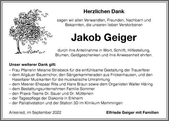 Traueranzeige von Jakob Geiger von Memminger Zeitung