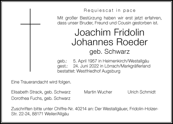 Traueranzeige von Joachim Fridolin Johannes Roeder von Der Westallgäuer