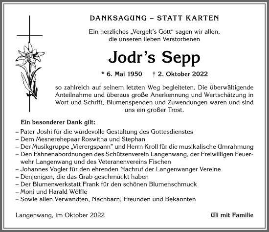 Traueranzeige von Jodr’s Sepp von Allgäuer Anzeigeblatt