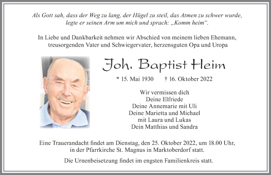 Traueranzeige von Joh. Baptist Heim von Allgäuer Zeitung, Marktoberdorf