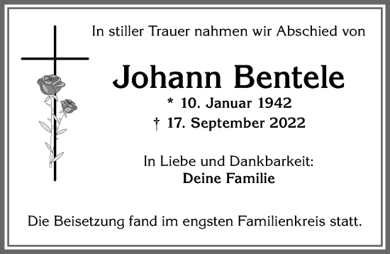 Traueranzeige von Johann Bentele von Allgäuer Zeitung, Kaufbeuren/Buchloe