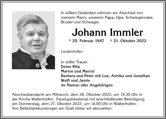 Traueranzeige von Johann Immler von Allgäuer Zeitung,Kempten