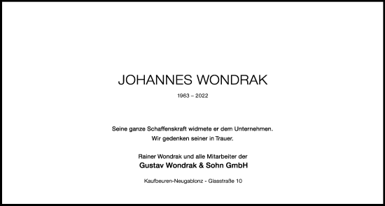 Traueranzeige von Johannes Wondrak von Allgäuer Zeitung, Kaufbeuren/Buchloe