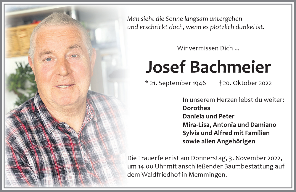 Traueranzeige für Josef Bachmeier vom 29.10.2022 aus Memminger Zeitung