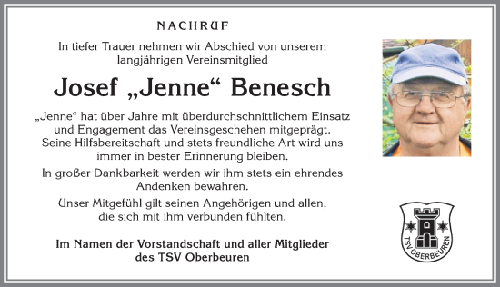 Traueranzeige von Josef Benesch von Allgäuer Zeitung, Kaufbeuren/Buchloe