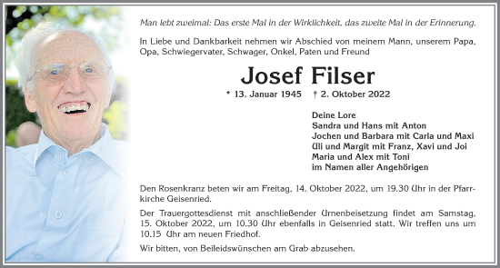 Traueranzeige von Josef Filser von Allgäuer Zeitung, Marktoberdorf