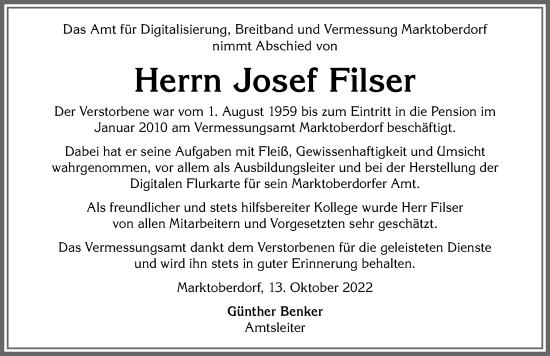 Traueranzeige von Josef Filser von Allgäuer Zeitung, Marktoberdorf