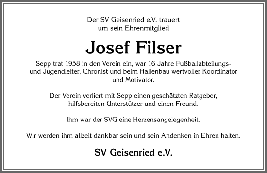 Traueranzeige von Josef Filser von Allgäuer Zeitung, Marktoberdorf