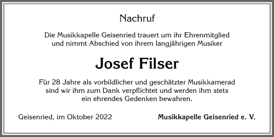 Traueranzeige von Josef Filser von Allgäuer Zeitung, Marktoberdorf
