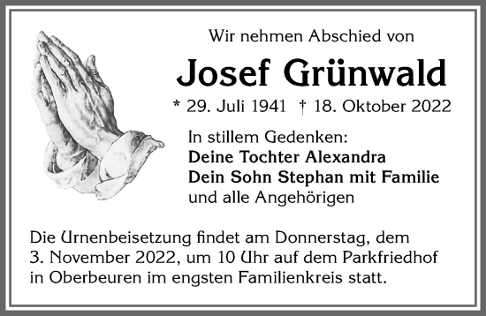 Traueranzeige von Josef Grünwald von Allgäuer Zeitung, Kaufbeuren/Buchloe