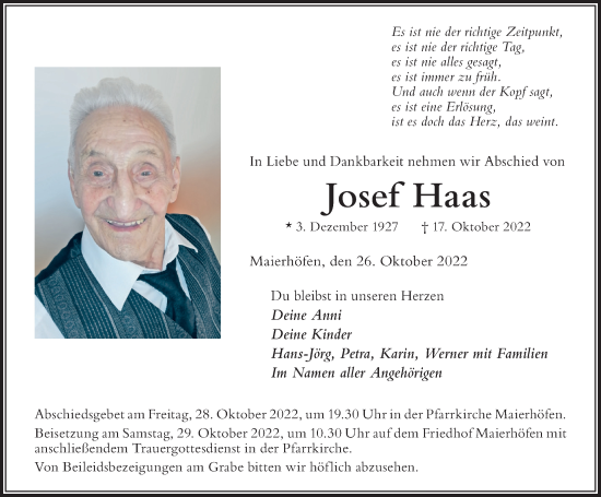 Traueranzeige von Josef Haas von Der Westallgäuer