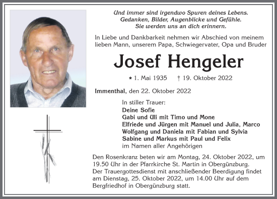 Traueranzeige von Josef Hengeler von Allgäuer Zeitung, Marktoberdorf
