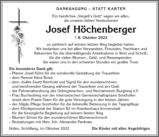 Traueranzeige von Josef Höchenberger von Allgäuer Anzeigeblatt