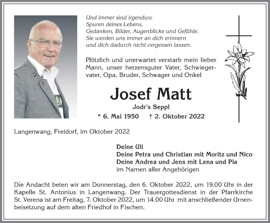 Traueranzeige von Josef Matt von Allgäuer Anzeigeblatt