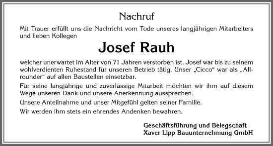 Traueranzeige von Josef Rauh von Allgäuer Zeitung, Füssen