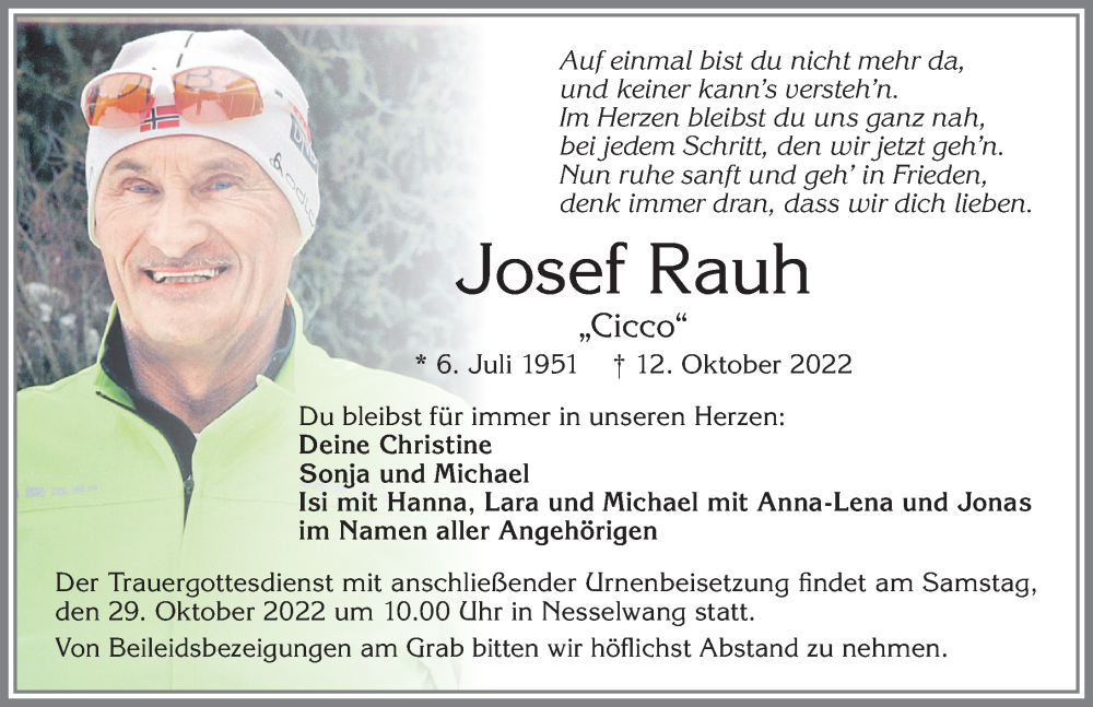 Traueranzeige für Josef Rauh vom 22.10.2022 aus Allgäuer Zeitung, Füssen