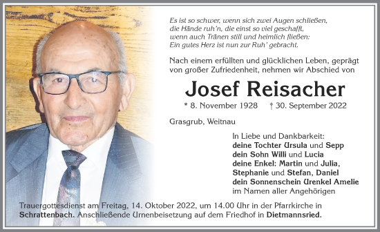 Traueranzeige von Josef Reisacher von Allgäuer Zeitung,Kempten