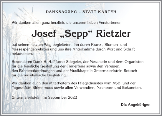 Traueranzeige von Josef Rietzler von Allgäuer Anzeigeblatt