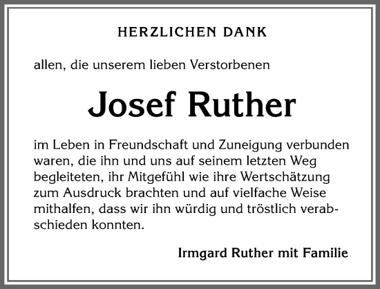 Traueranzeige von Josef Ruther von Allgäuer Zeitung, Kaufbeuren/Buchloe
