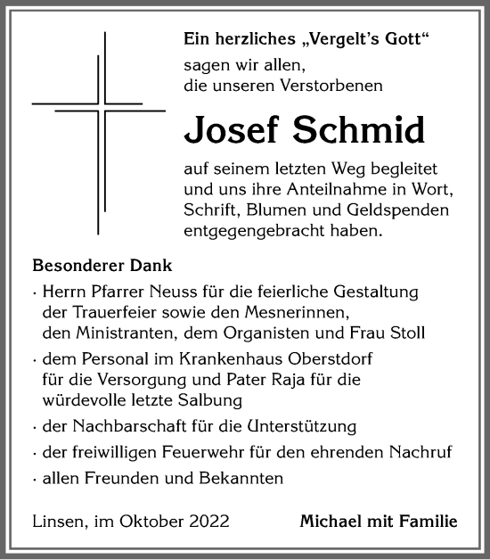 Traueranzeige von Josef Schmid von Allgäuer Anzeigeblatt