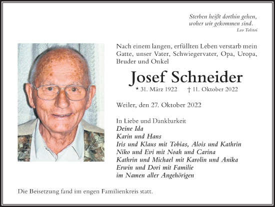 Traueranzeige von Josef Schneider von Der Westallgäuer