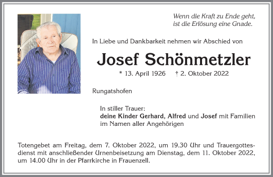 Traueranzeige von Josef Schönmetzler von Allgäuer Zeitung,Kempten