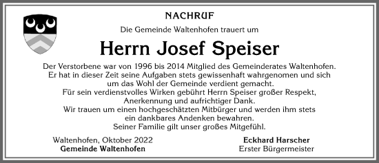 Traueranzeige von Josef Speiser von Allgäuer Anzeigeblatt
