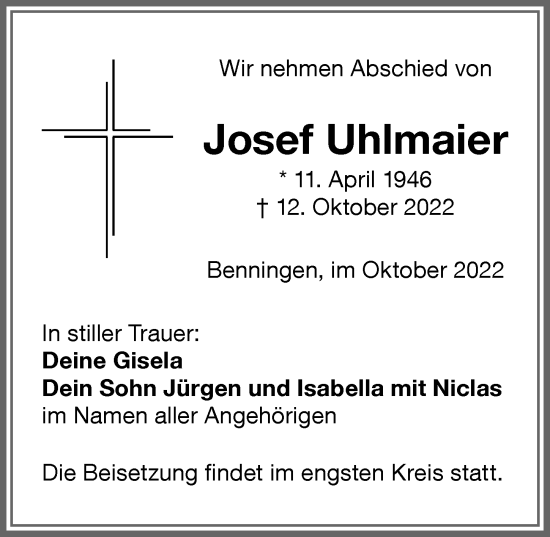 Traueranzeige von Josef Uhlmaier von Memminger Zeitung