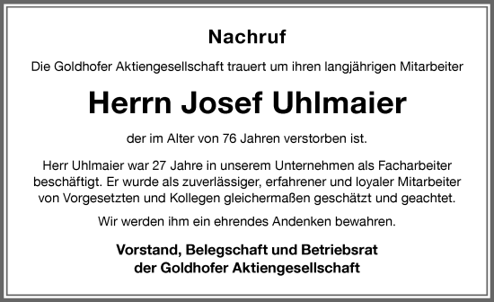 Traueranzeige von Josef Uhlmaier von Memminger Zeitung