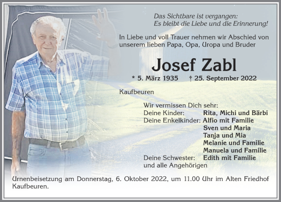 Traueranzeige von Josef Zabl von Allgäuer Zeitung, Kaufbeuren/Buchloe