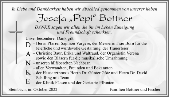 Traueranzeige von Josefa Bottner von Allgäuer Zeitung, Marktoberdorf
