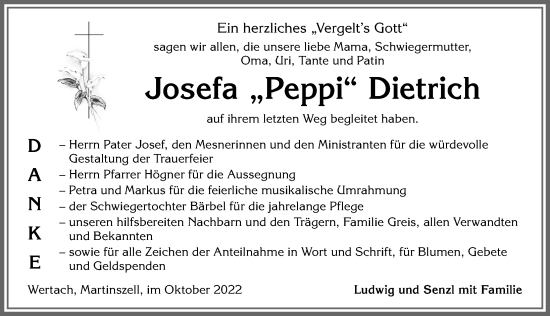 Traueranzeige von Josefa Dietrich von Allgäuer Anzeigeblatt