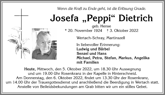 Traueranzeige von Josefa Dietrich von Allgäuer Anzeigeblatt